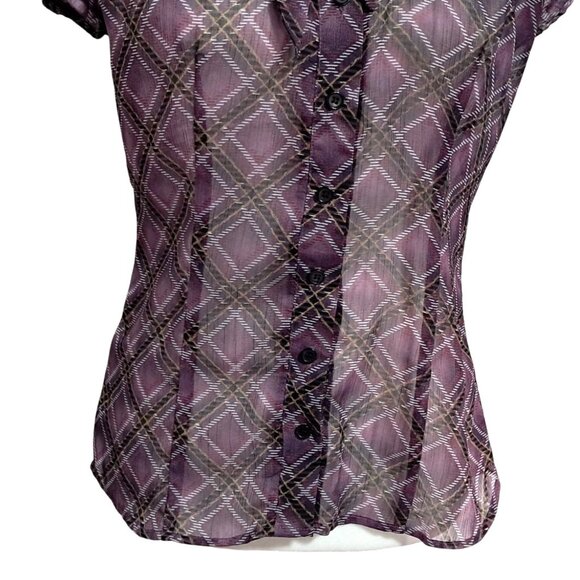 Fairy Grunge Whimsigoth Purple Plaid Sheer Short Sleeve Blouse With Tie Neck 8 - Picture 7 of 10